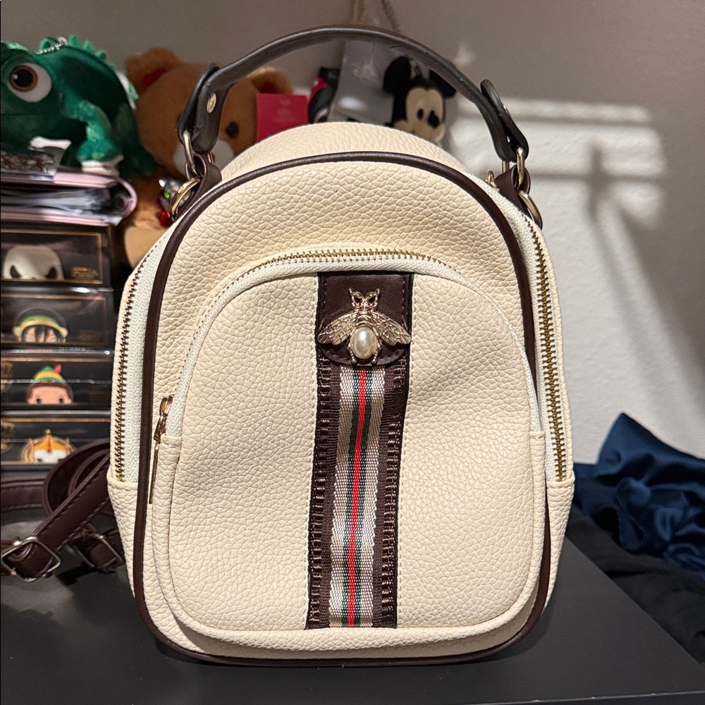 Elegant Cream and Brown Backpack with Bee Accent